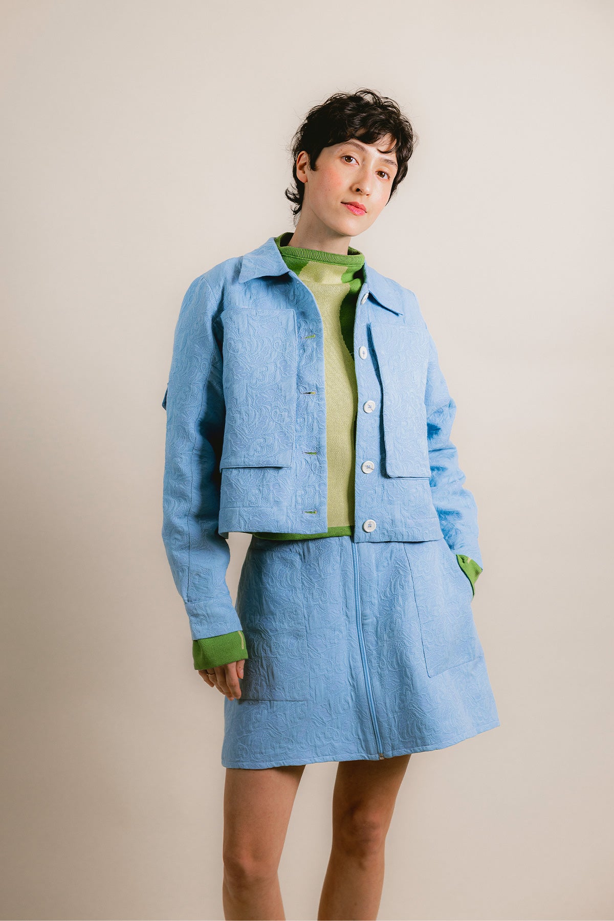 Jupe Pokka - bleu, ensemble veste - Hello World Le Studio